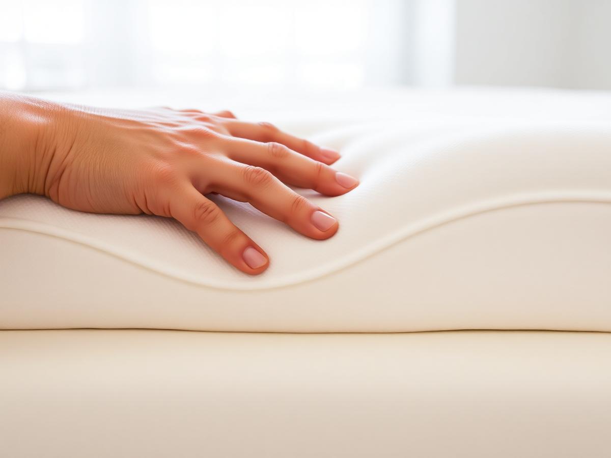 A hand pressing into a thick white memory foam topper.